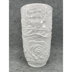 1970s Italian Cherub White Vase 3D Roses Art Pottery Made In Italy 7778/21